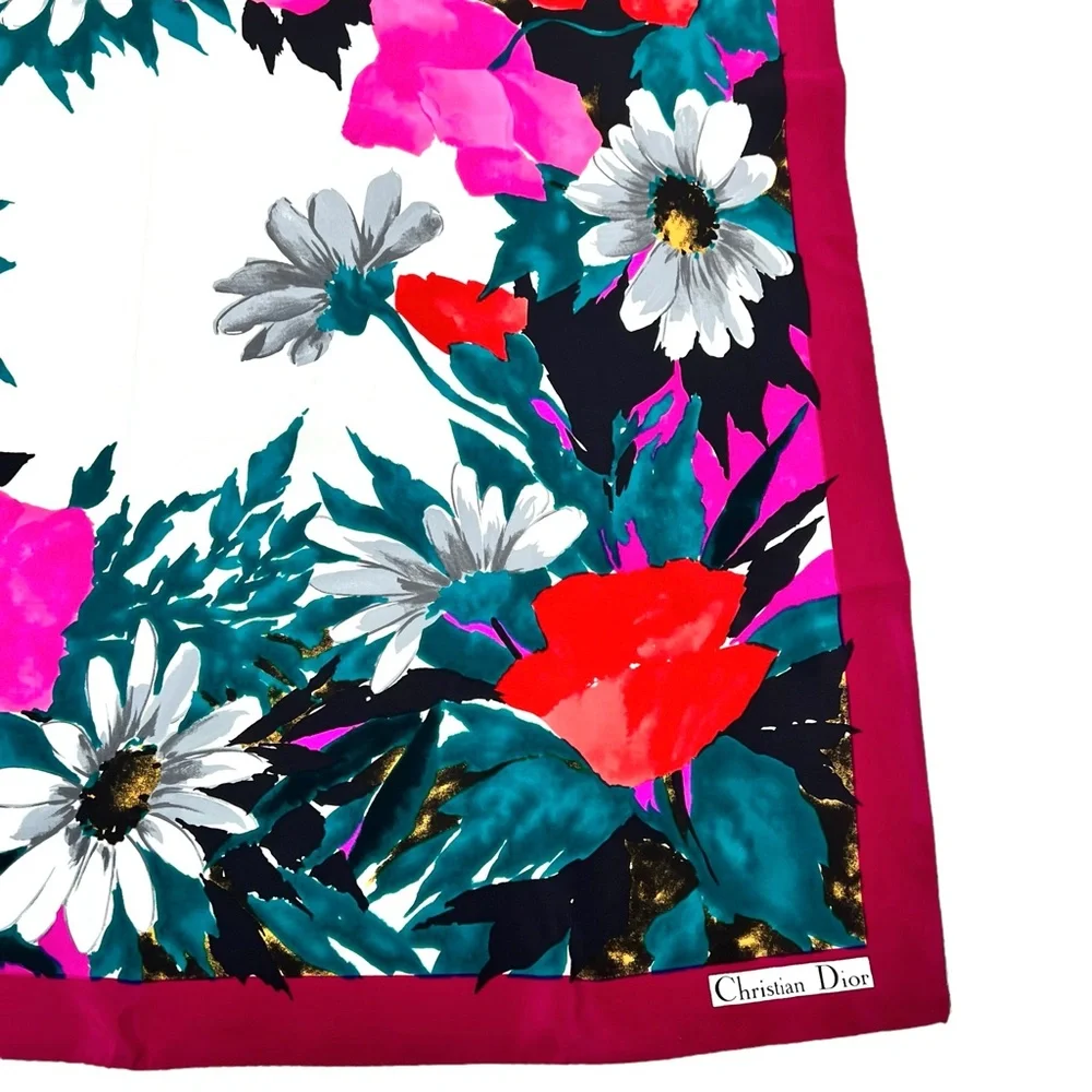 VINTAGE CHRISTIAN DIOR VIBRANT COLORFUL FLORAL SILK SCARF - 34